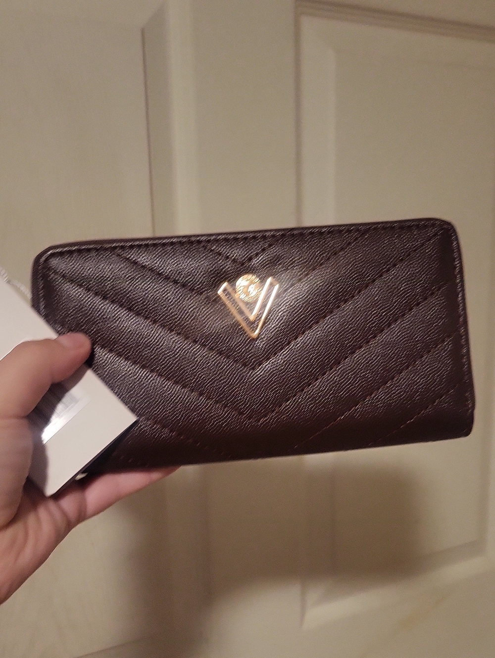 Valentino Orlandi Chevron Quilted Zip Wallet - Dark Brown with Gold Accent